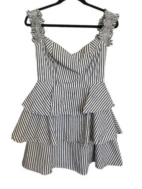 Santo by Paolo de Santo Gray & White Striped Ruffle Tiered Mini Dress Cotton